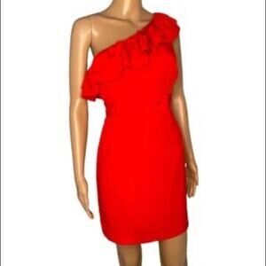 NWT Level Eight Mini Dress Medium Formal One Shoulder Ruffle Bodycon Zip Red